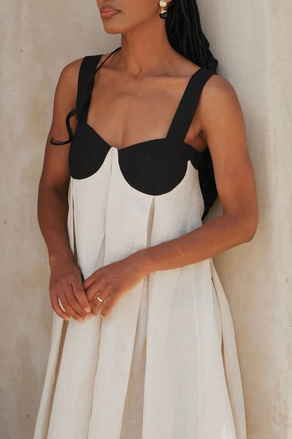 Jordina Linen Blend Colorblock Cups Backless Tie-up Loose Maxi Dress