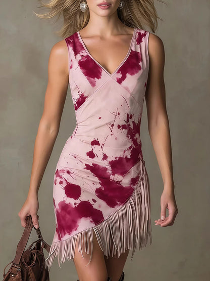 Festival Beige Graphic V Neck Strappy Western Asymmetric Hem Mini Dresses