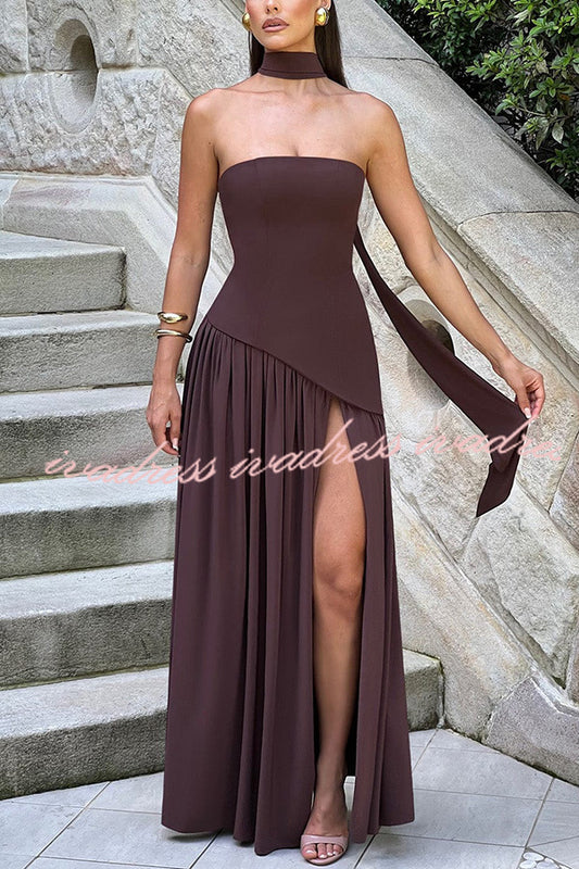 Elegante vestido largo de gasa con dobladillo plisado y abertura tipo bufanda de Off Shopulder 