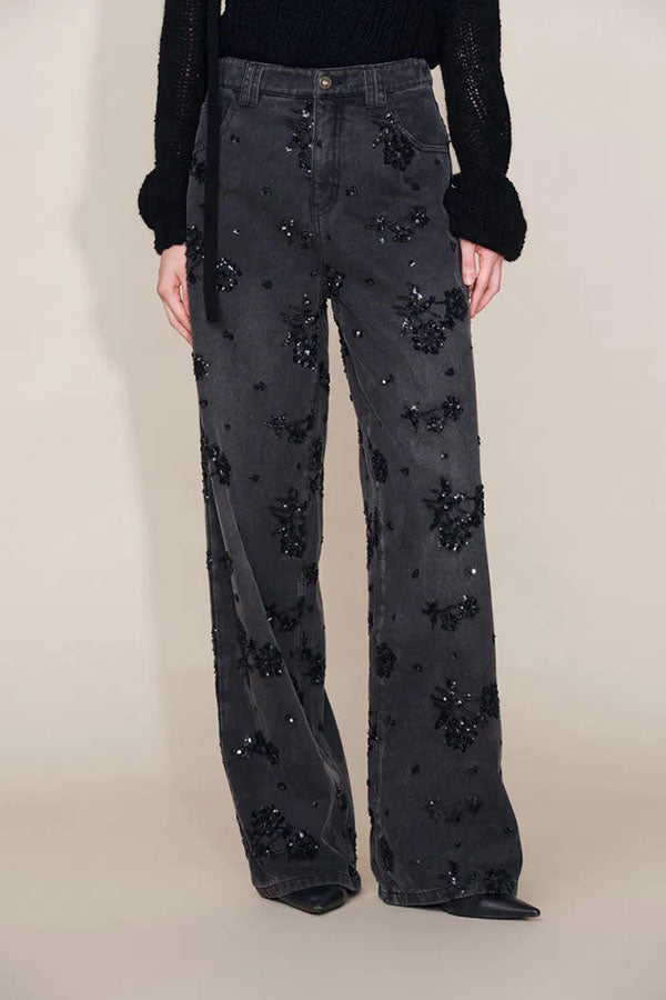 Jhenie Denim Beaded Sequin Floral Pattern Mid Rise Pocket Wide Leg Jeans