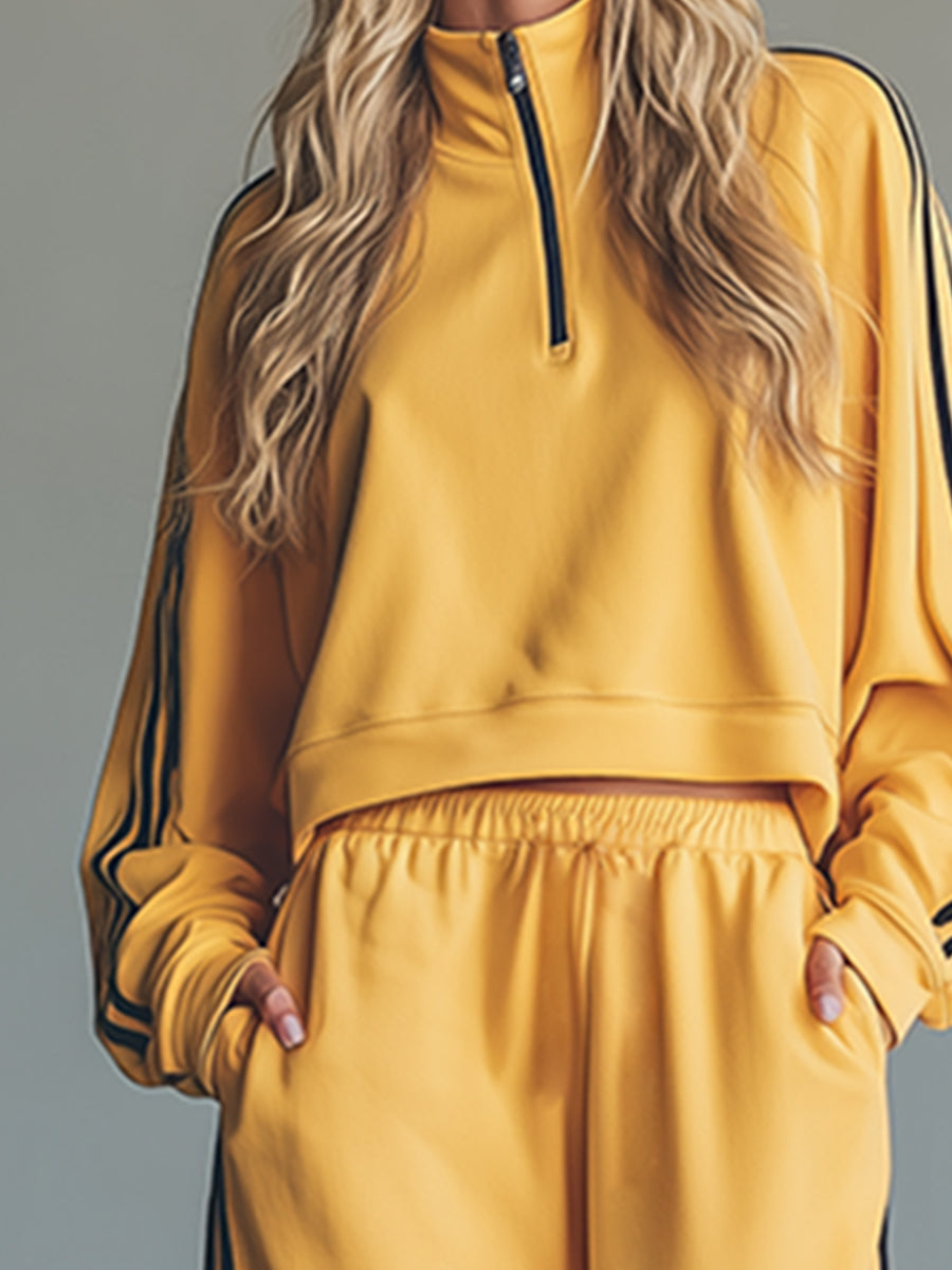 Stylish And Casual Sporty Color-blocked Yellow Sweatshirt And Five-point Shorts Set
