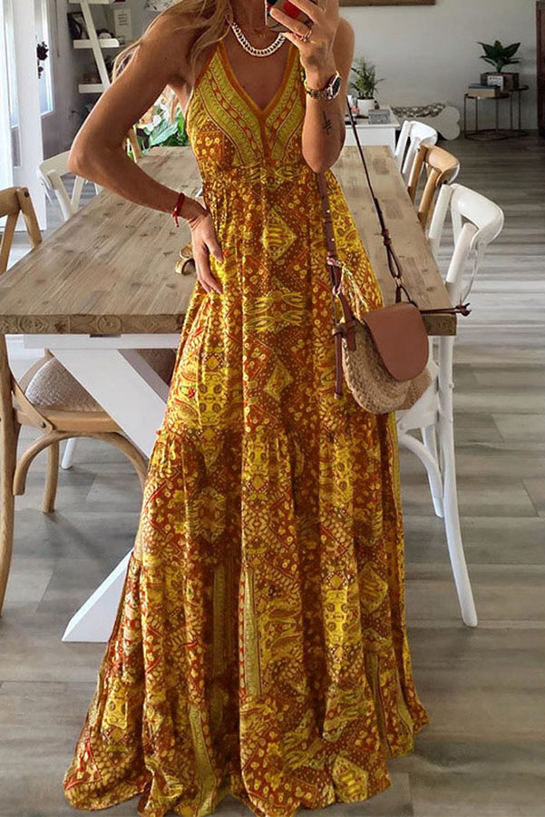 Vestidos largos con cintura elástica y tirantes estampados estilo bohemio celeste 