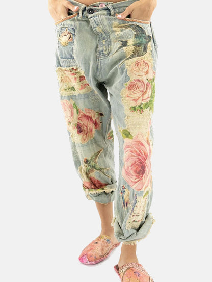 Casual Denim Floral Ripped Raw Trim Straight Leg Jeans