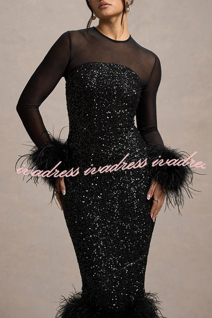 Glamor and Drama Mesh Sequin Patchwork Feather Trim Stretch Midi Dress