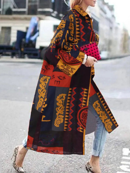 Casual Turndown Collar Flare Sleeve Graphic Patchwork Trench Coat