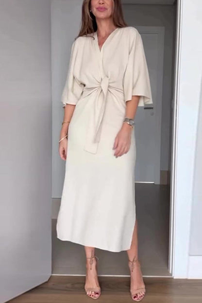 Vestido midi informal de color liso con escote en V, media manga y lazo en la cintura 