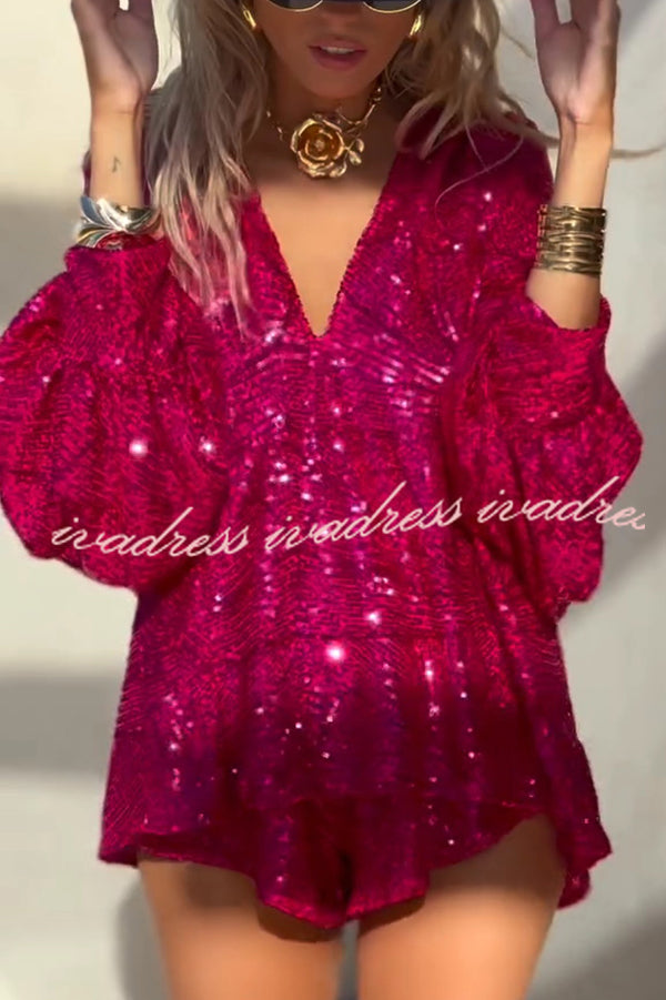 Fashion Sequin V-neck Long Sleeve Loose Top and Elastic Waist Casual Shorts Set