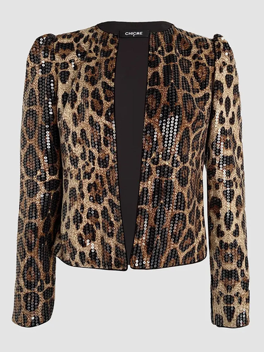 Fashion Leopard Print Sequin Long Sleeve Cropped Open Front Jacket