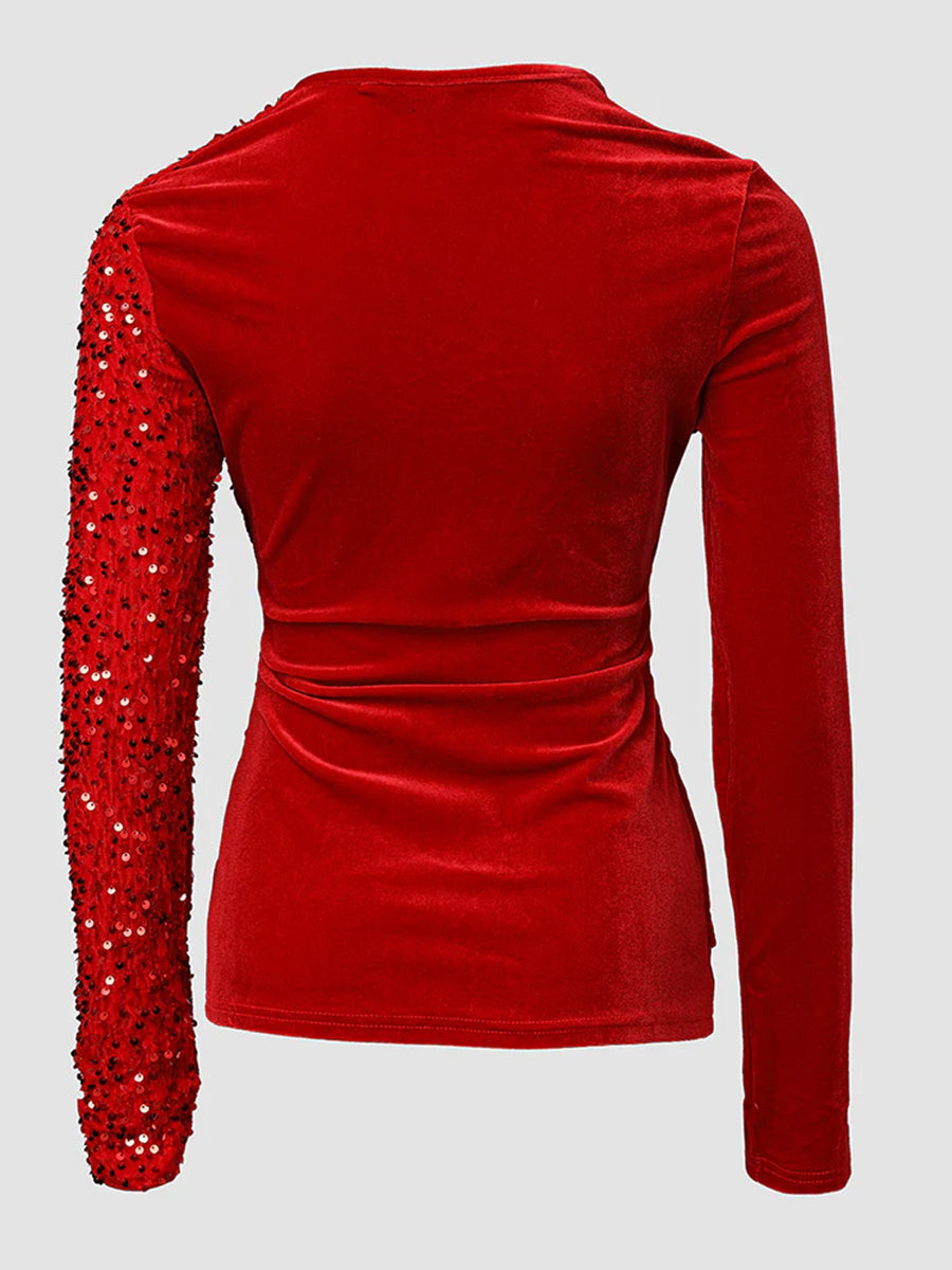 Party Velvet Red V Neck Long Sleeve Contrast Elegant Sequin Blouses