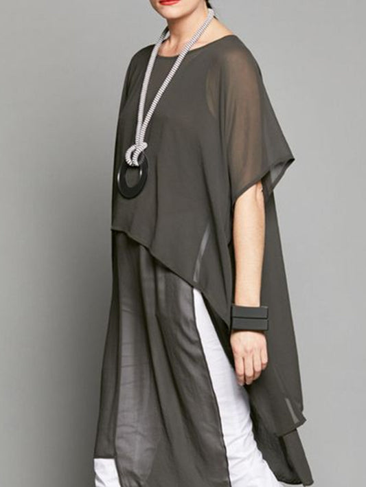 Daily Plain Crew Neck Short Sleeve Layered Slit Long Shirt