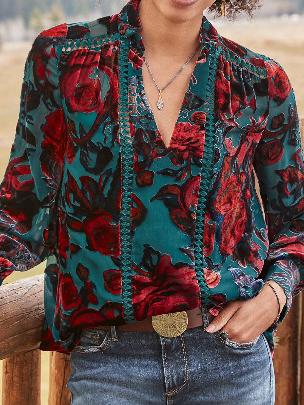 Elegant Floral Pattern V Neck Hollow Out Velvet Blouse