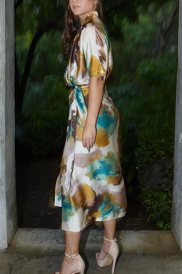 Cityscape Moment Satin Tie Dye Print Half Sleeve Wrap Midi Dress