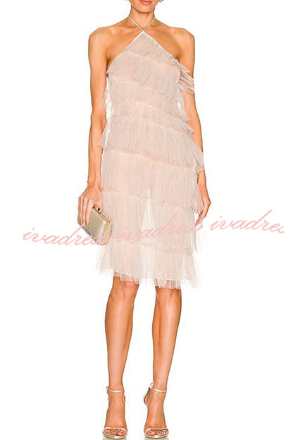 Best Days Patchwork Tulle Sheer Halterneck Pleated Midi Dress