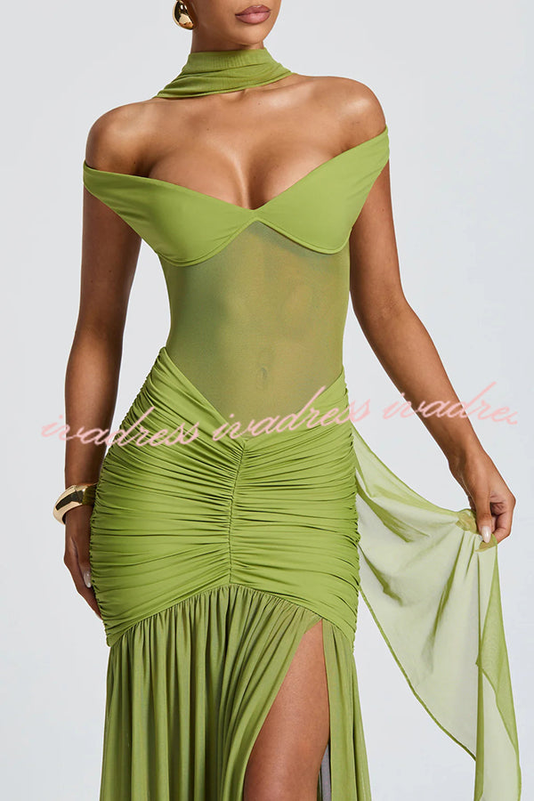 Raise The Level Mesh Off Shoulder Ruched Scarf Stretch Maxi Dress