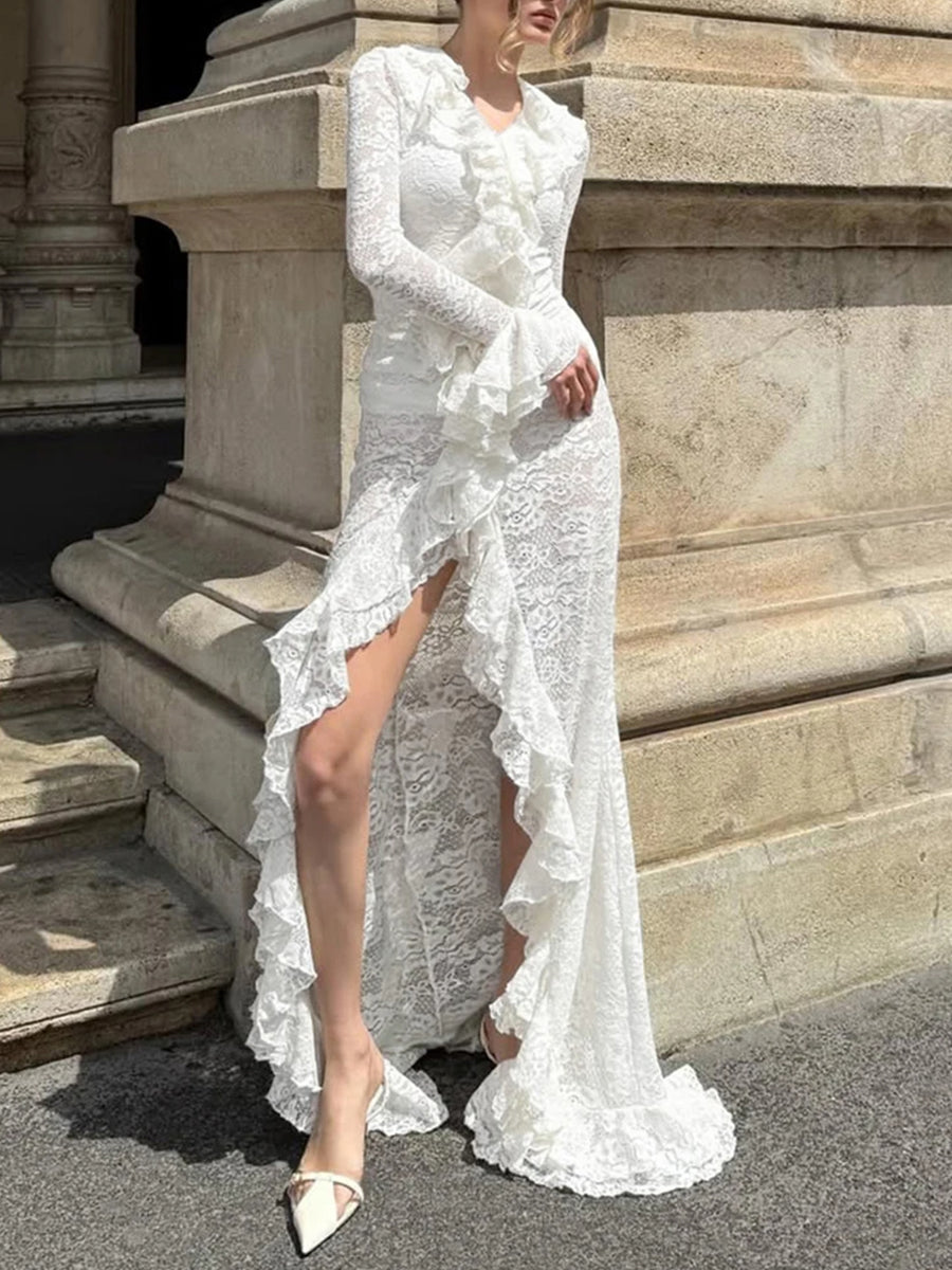 Daily White V Neck Long Sleeve Ruffle Casual Asymmetric Hem Lace Midi Dresses
