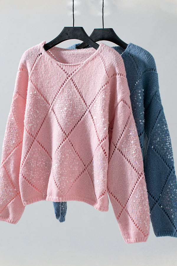 Fashionable Hollow Sequined Loose Rhombus Knitted Sweater