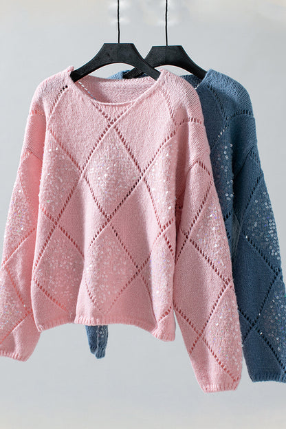 Fashionable Hollow Sequined Loose Rhombus Knitted Sweater