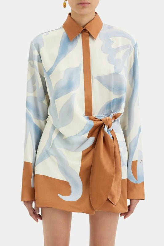 Lake Days Satin Colorblock Unique Print Tie-up Shirt Mini Dress