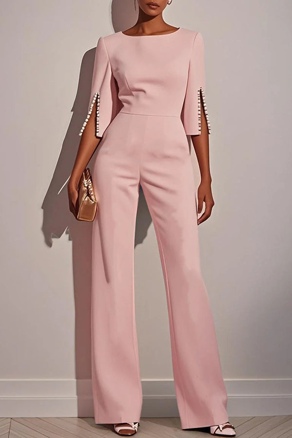 Solid Color Round Neck Beaded Decoration Slim Fit Casual Jumpsuit