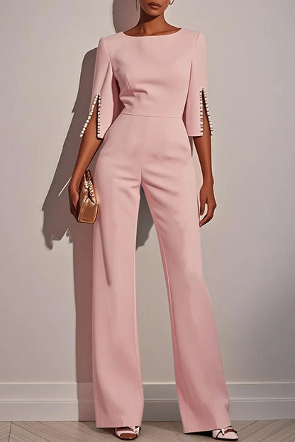 Solid Color Round Neck Beaded Decoration Slim Fit Casual Jumpsuit