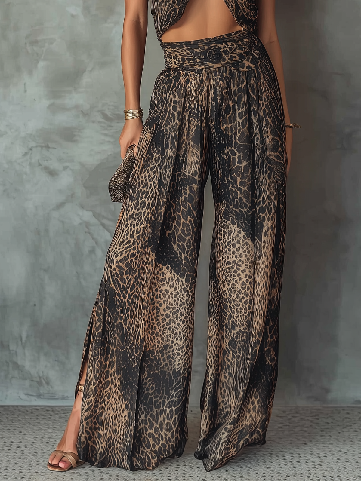 Halter-Neck Wide-Leg Jumpsuit With Draped Bodice And Exotic Animal Print