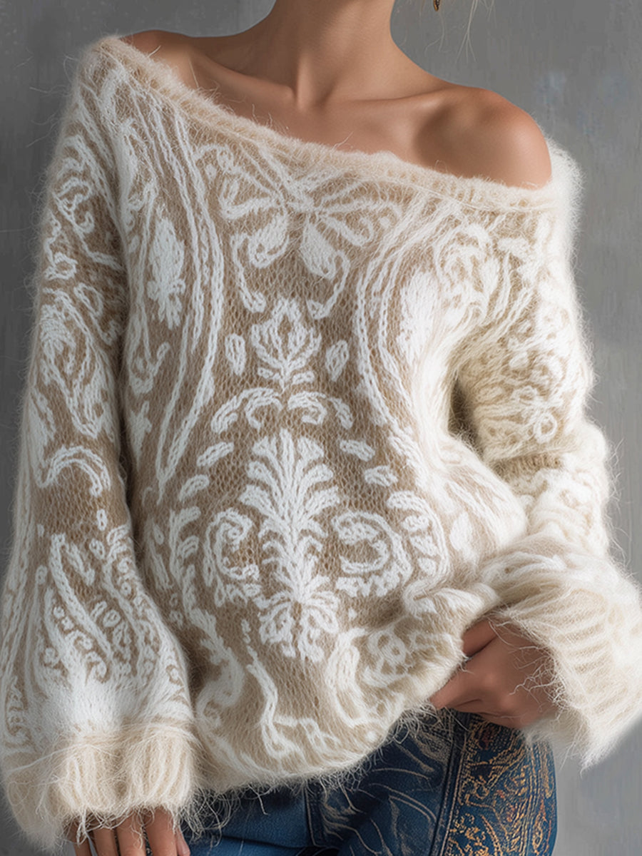 sheenchic Off Shoulder Flare Sleeve Floral Pattern Plush Trim Sweater