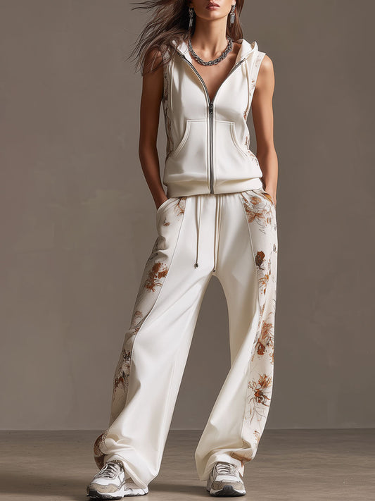 Sporty Retro Floral Velvet Patchwork White Sleeveless Hooded Sweatshirt And Pants Set