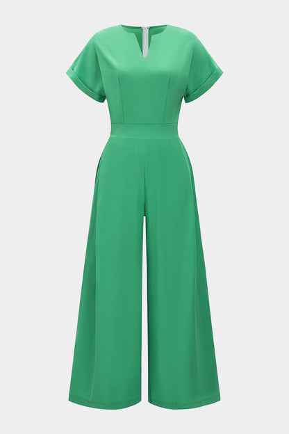 V-Neck Short Sleeve Zipper Jumpsuit
