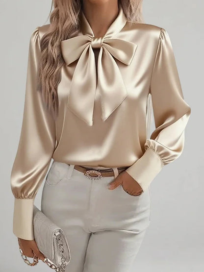 Daily Pink Long Sleeve Bow Tie Casual Satin Blouses