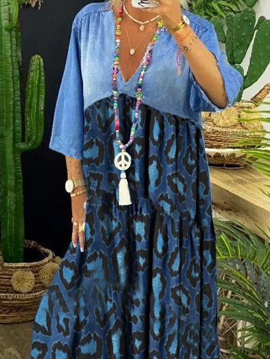 sheenchic Vintage Leopard Denim Patchwork Raw Trim Maxi Dress