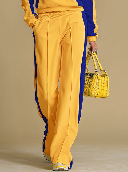 Retro Sporty Color-blocked Long-sleeved Sweatshirt And Wide-leg Pants Set