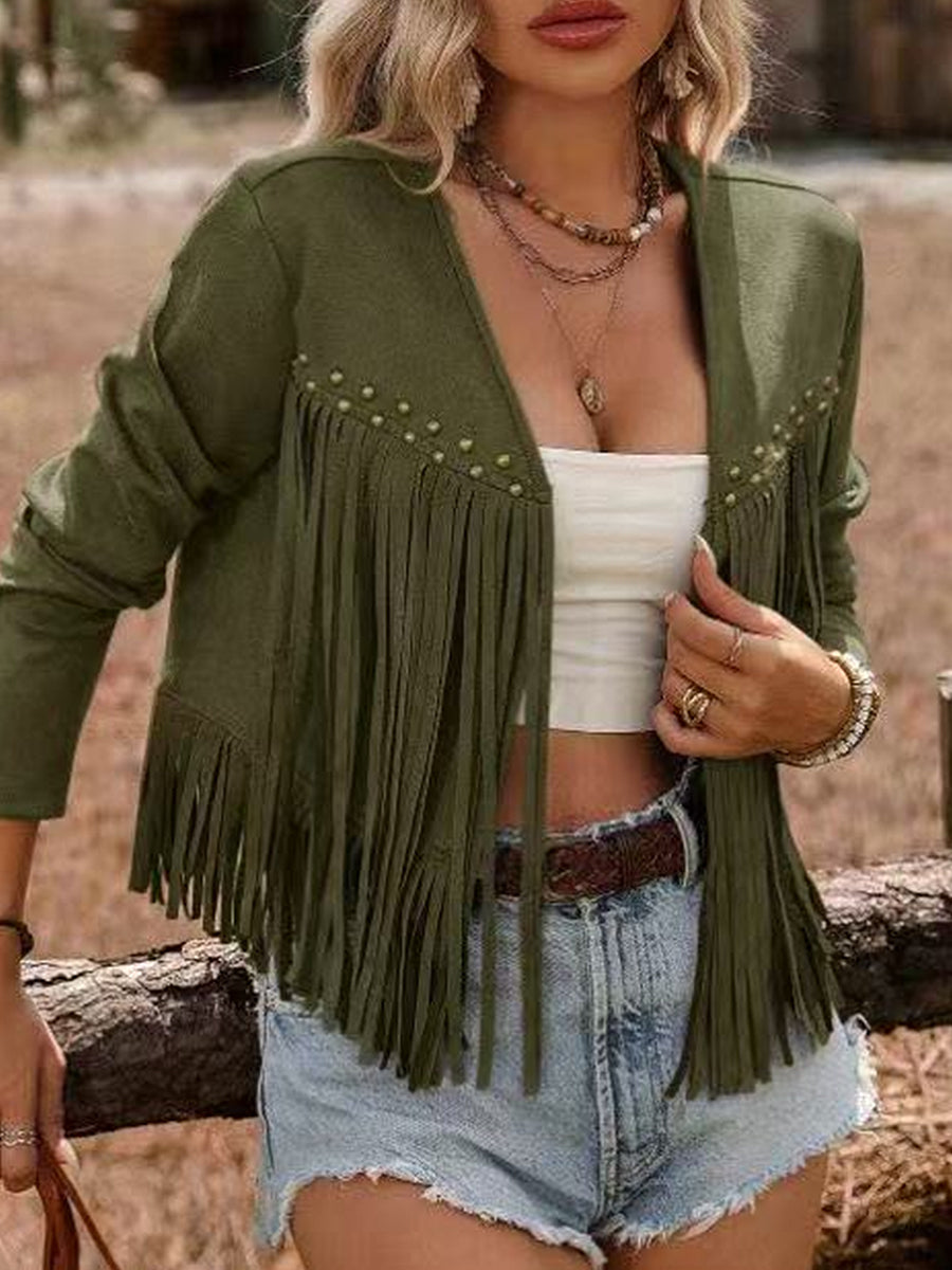 Daily Brown Long Sleeve Strappy Western Studded Chamois Cardigans