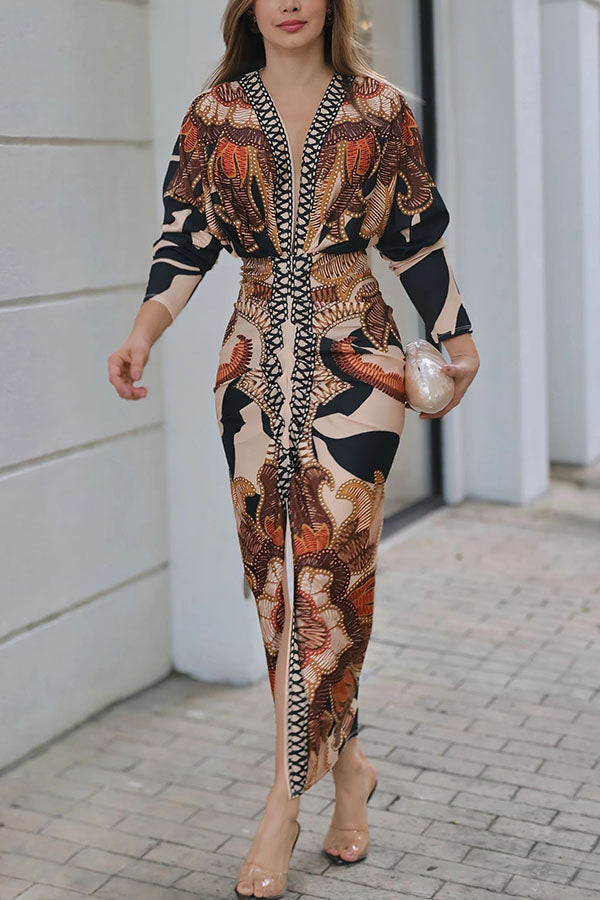Brazilian Style Unique Print Dolman Long Sleeve Ruched Slit Midi Dress  Vestidos