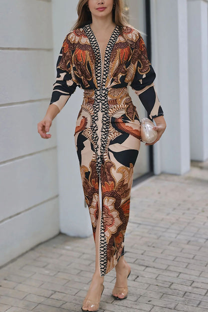 Brazilian Style Unique Print Dolman Long Sleeve Ruched Slit Midi Dress  Vestidos