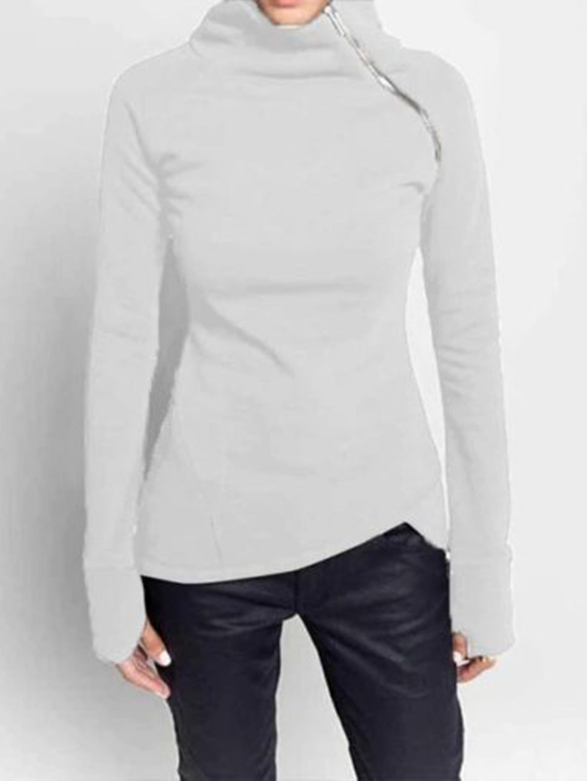 Casual High Neck Slant Zipper Long Sleeve Sweatshirt