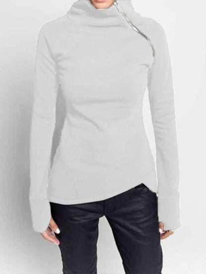 Casual High Neck Slant Zipper Long Sleeve Sweatshirt