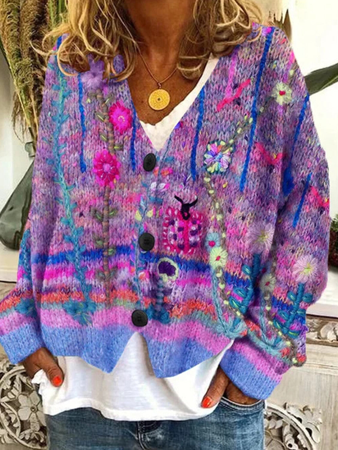 Casual Floral Pattern Three Button Knit Sweater Cardigan