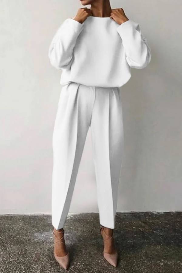 Casual Solid Color Round Neck Pencil Pants Suit