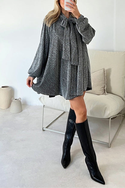 VESTIDO CAMISA CON CUELLO DE LAZO METALIZADO DEMI GOLD 