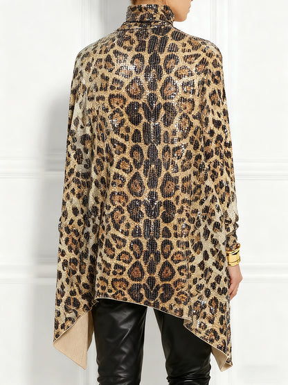 sheenchic Party Metallic Brown Leopard High Collar Long Sleeve Irregular Hem Elegant Sequin Blouses