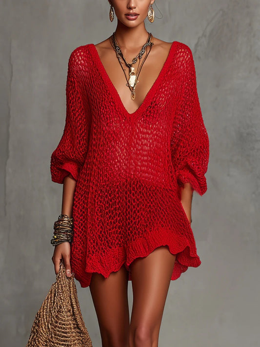 sheenchic Beach Red V Neck 3/4 Sleeve Cut Out Casual Mini Dresses [Pre-Order]