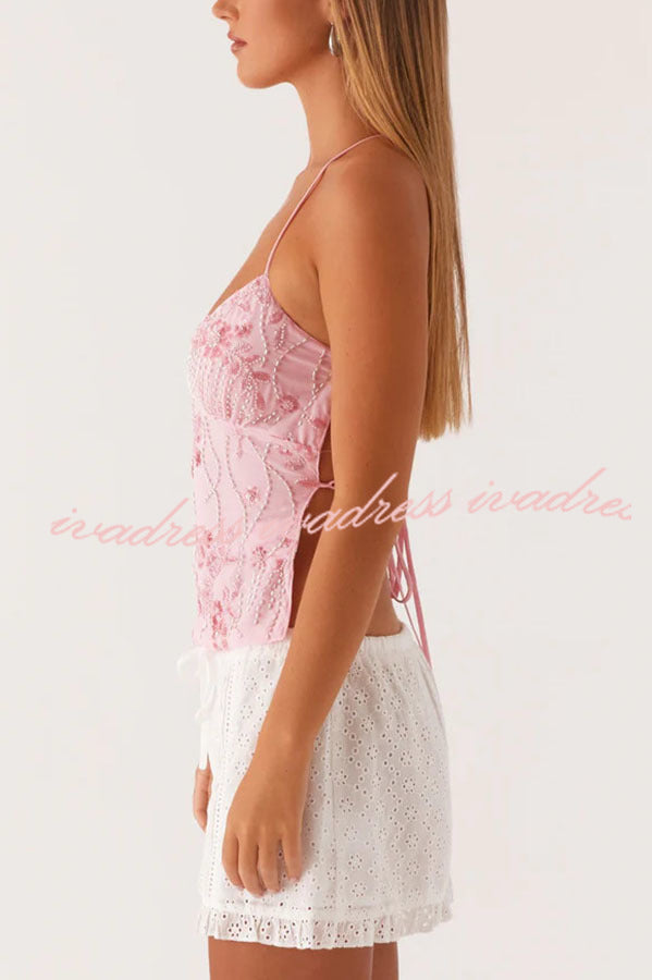 Dazzling Sequin Beaded Material Back Lace-up Loose Tank