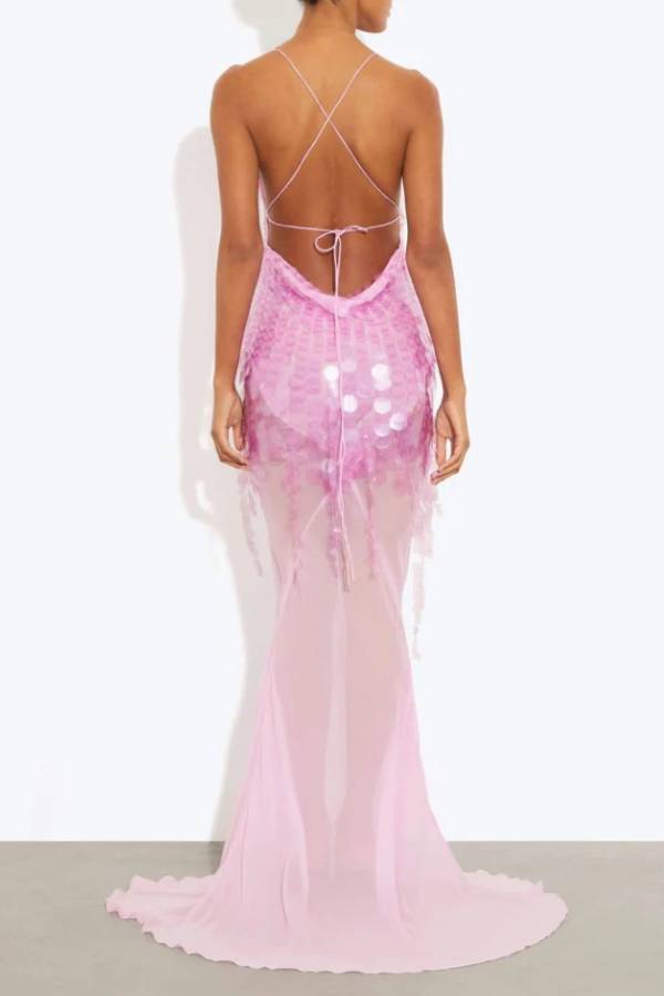 Vestidos largos lenceros con escote en V profundo, lentejuelas, dobladillo de cola de pez, espalda descubierta, color amarillo 