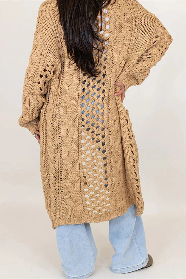 Knit Cable Cotout Long Sleeve Pocket Oversized Midi Cardigan