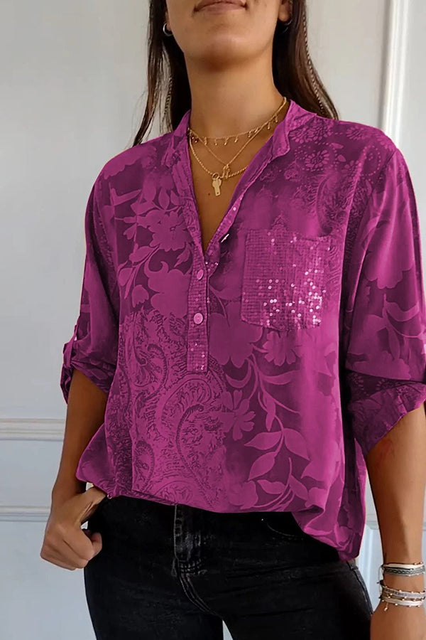 Camisa informal con bolsillo y lentejuelas y estampado floral botánico 