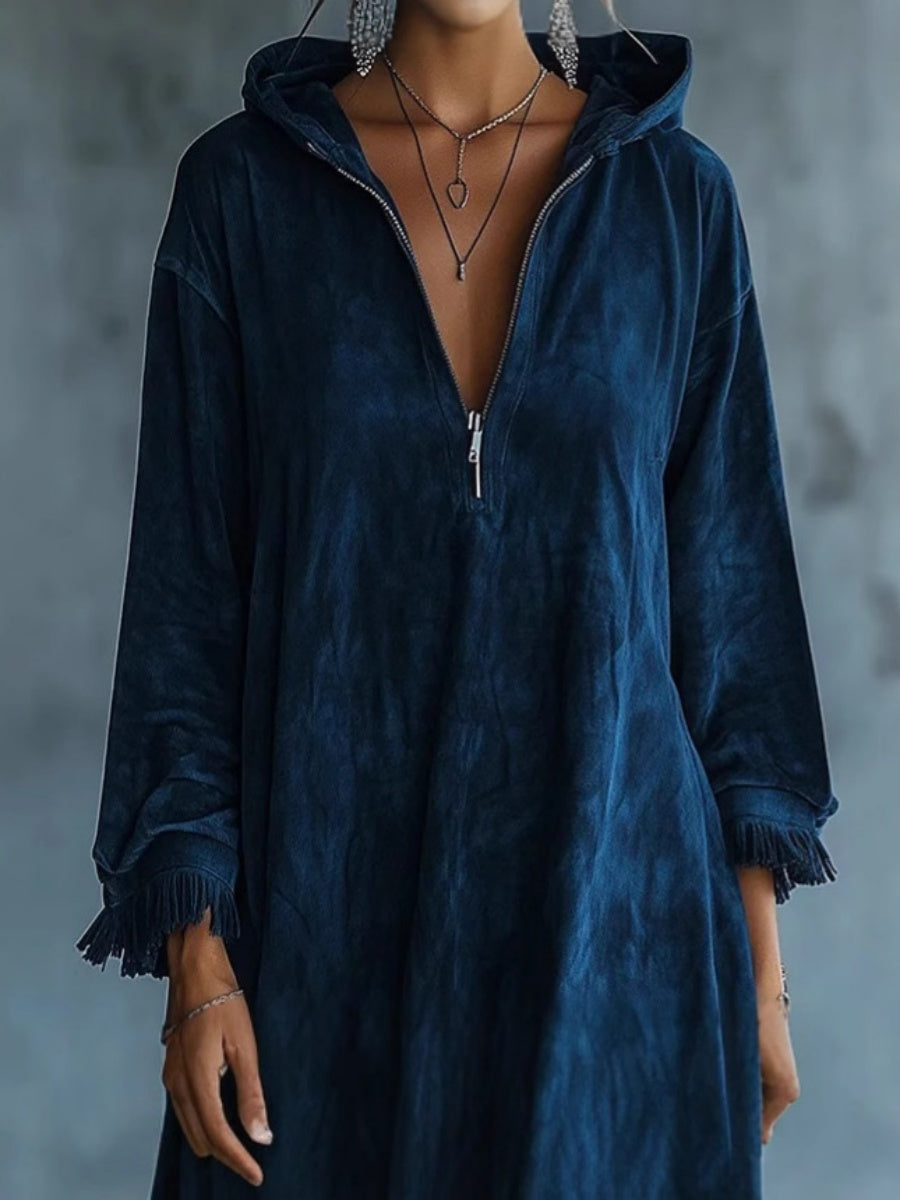 Daily Navy Blue Hooded Long Sleeve Strappy Vintage Zipper Mini Dresses