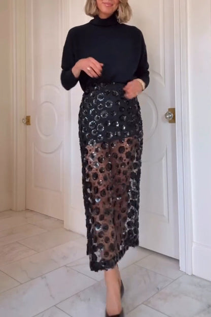 Gorgeous Flower Embellished Sequin Sheer High Rise Slit Midi Skirt