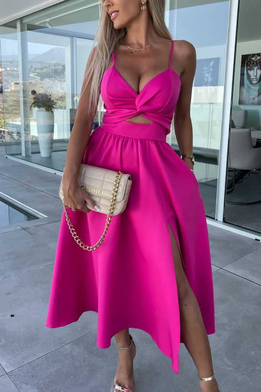 Deep V hollow large skirt slit suspender dress