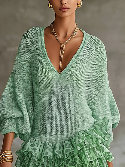 sheenchic Vacation Chiffon Green Leopard V Neck Long Sleeve Contrast Boho Ruffle Knitted Mini Dresses [Pre-Order]