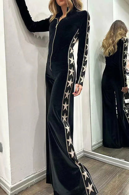 Star-print Velvet Patchwork Zipped Wide-leg Jumpsuit(ONE SIZE DOWN)